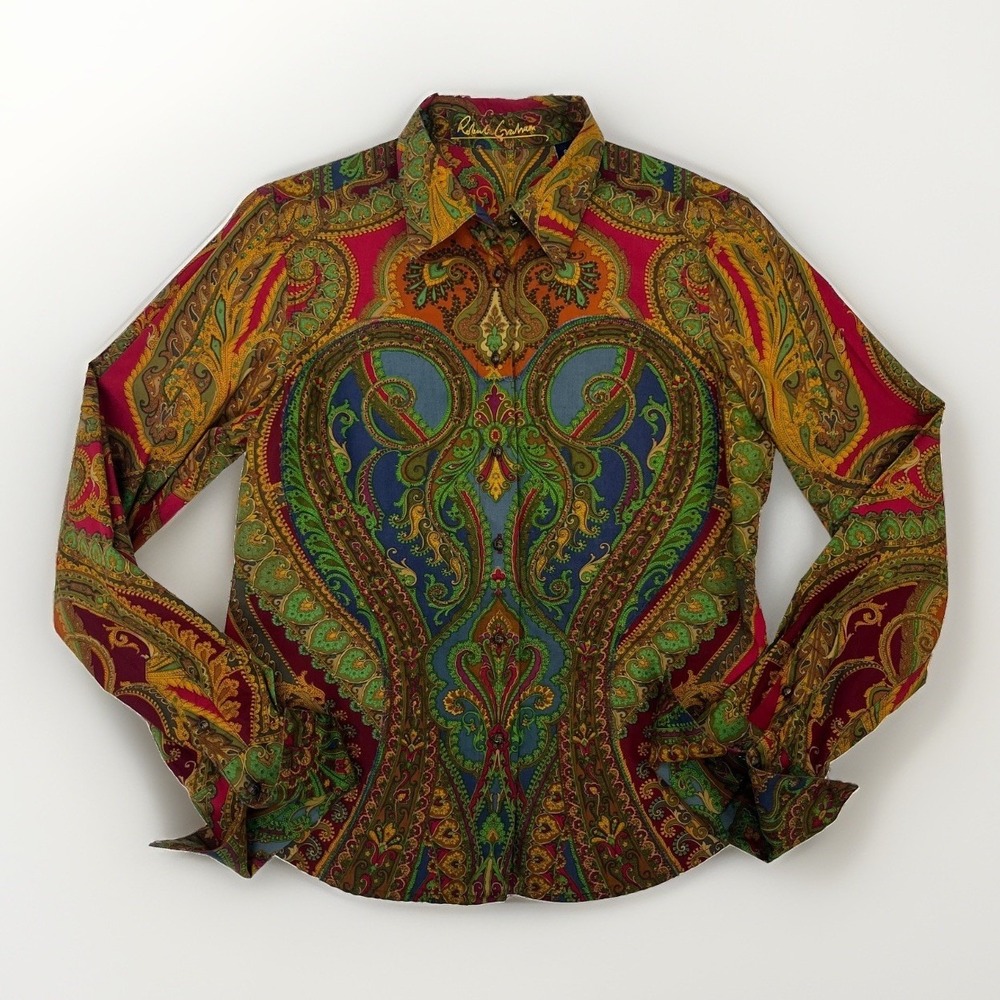 Robert Graham Tapestry Shirt Womens 8 Jewel Tone Long Sleeve Art To Wear